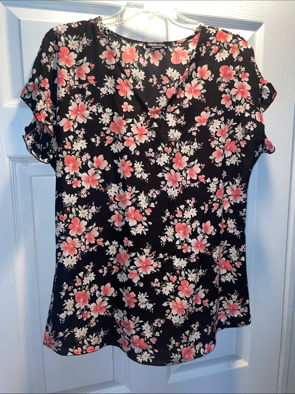 Hemisphere Black Floral V-Neck Blouse with Pink and White Flowers